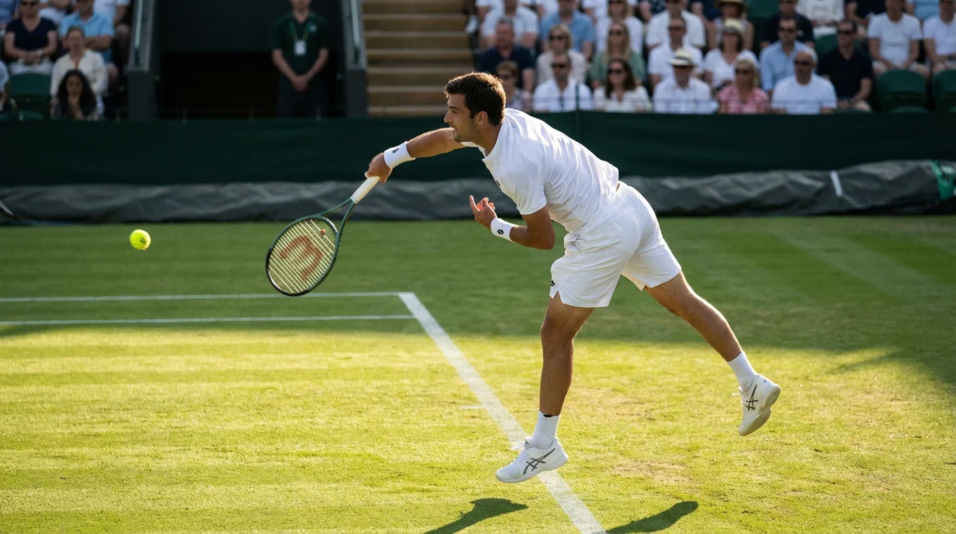 Linkshändiger Tennisspieler beim Slice-Aufschlag auf dem Rasenplatz von Wimbledon