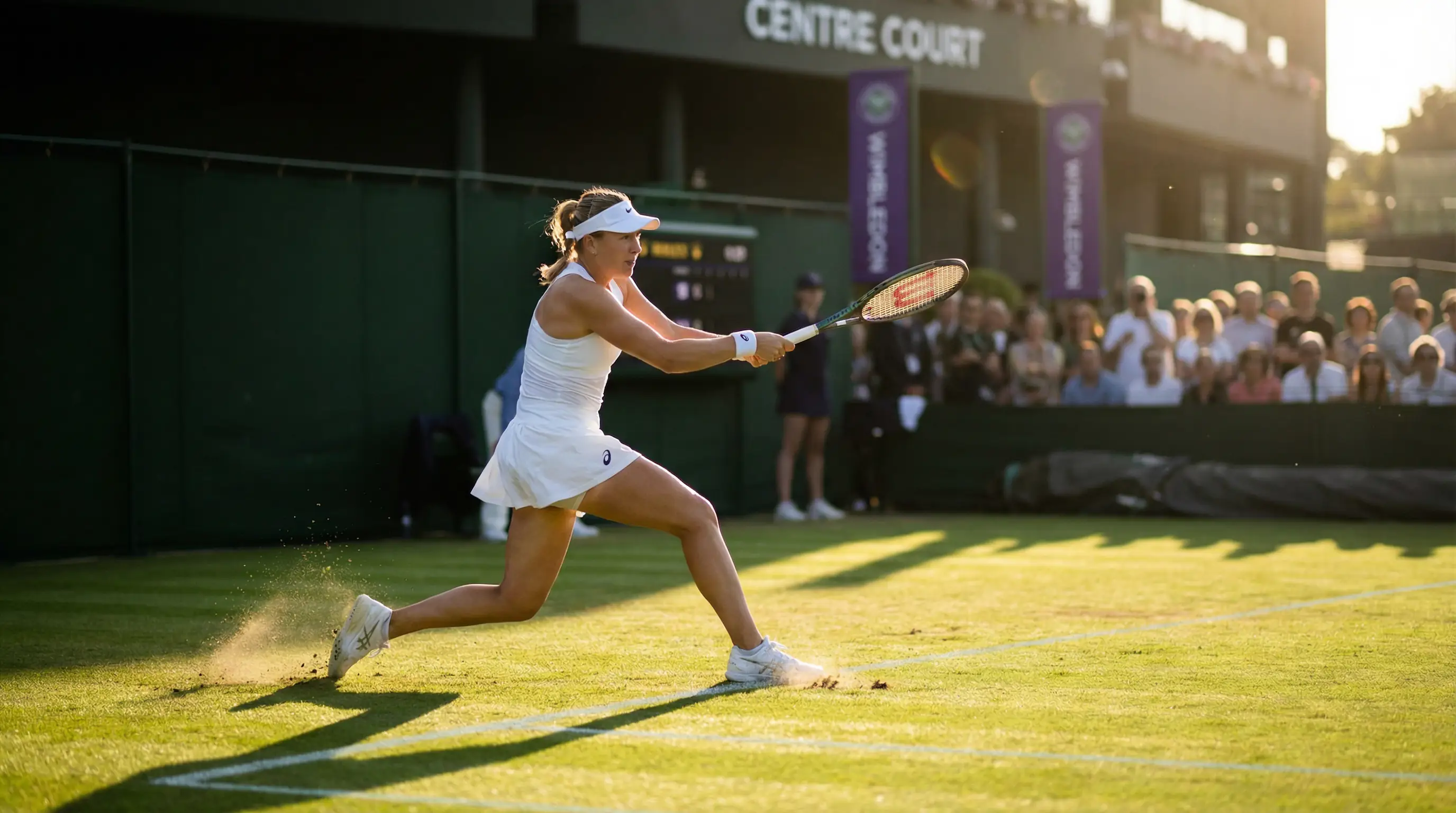 Petra Kvitova auf dem Rasenplatz von Wimbledon mit kraftvollem Vorhandschlag in der Nachmittagssonne