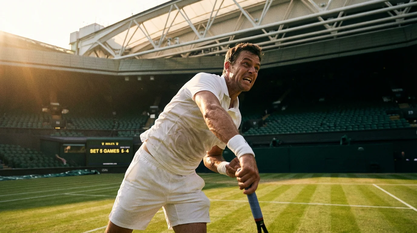Tennisspieler auf dem Rasenplatz von Wimbledon während eines intensiven Marathonmatches bei dramatischer Abendbeleuchtung