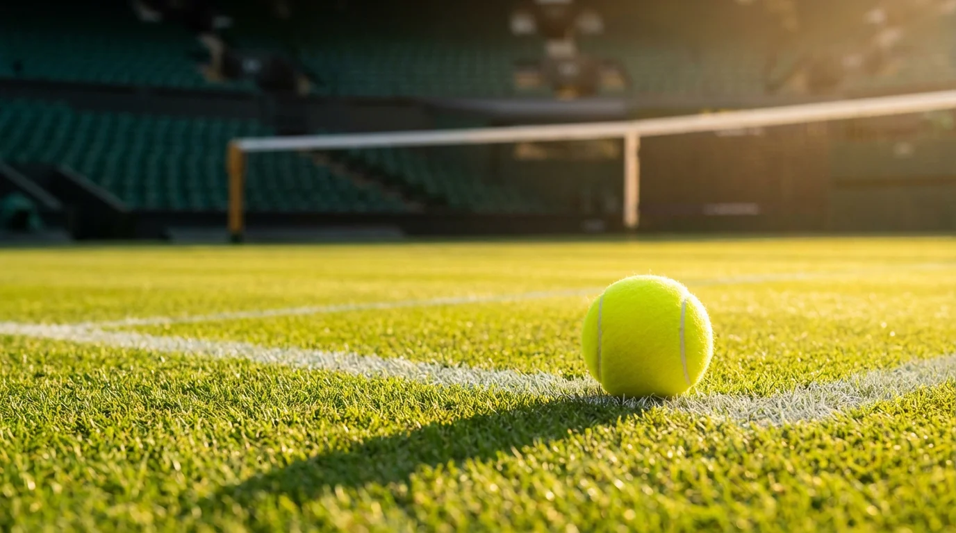 Wimbledon-Tennisplatz mit Rasen, Tennisball und Netz im goldenen Nachmittagslicht