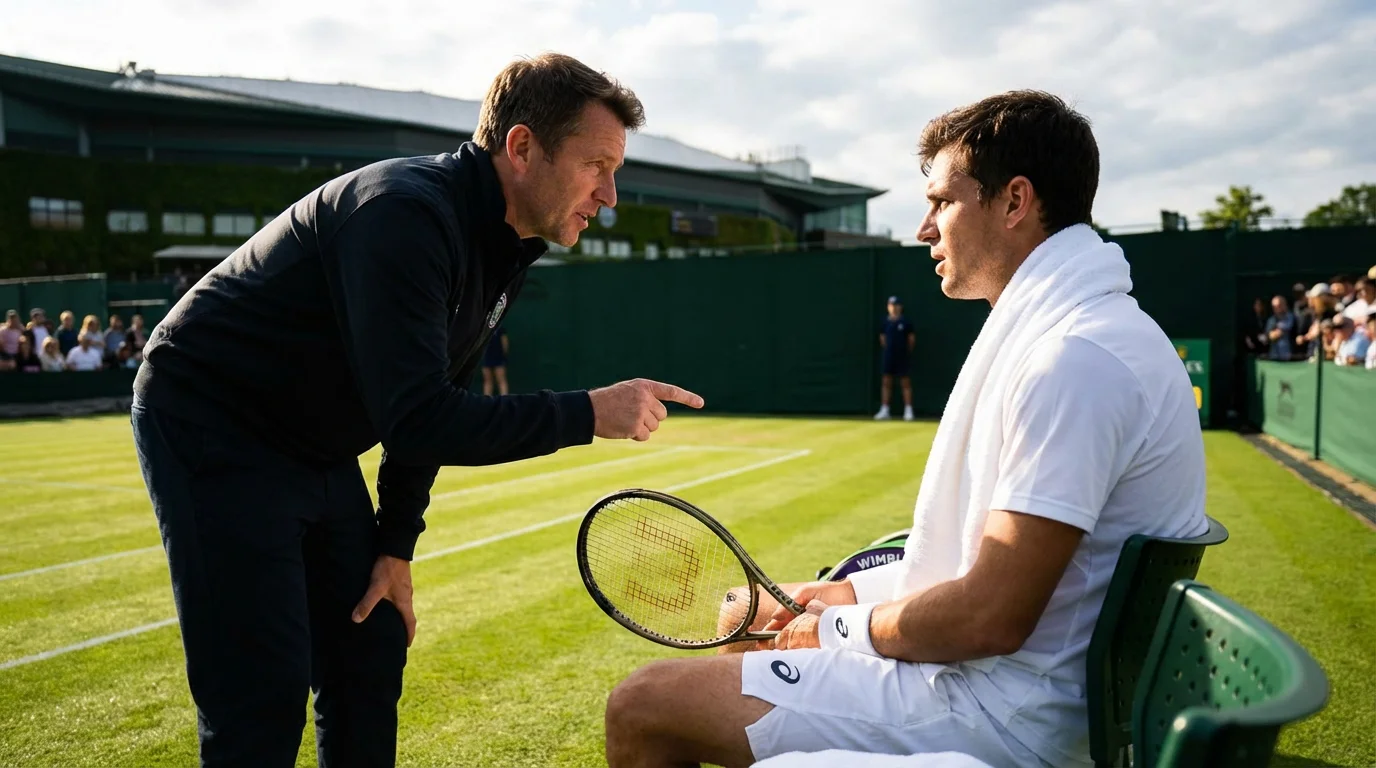 Tenniscoach gibt seinem Spieler taktische Anweisungen während eines Seitenwechsels auf dem Rasenplatz in Wimbledon