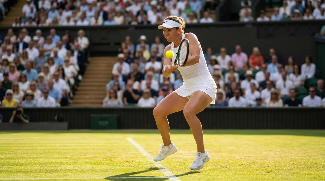 Tennisspielerin bei einer Vorhand auf dem Wimbledon-Rasen mit Zuschauern im Hintergrund