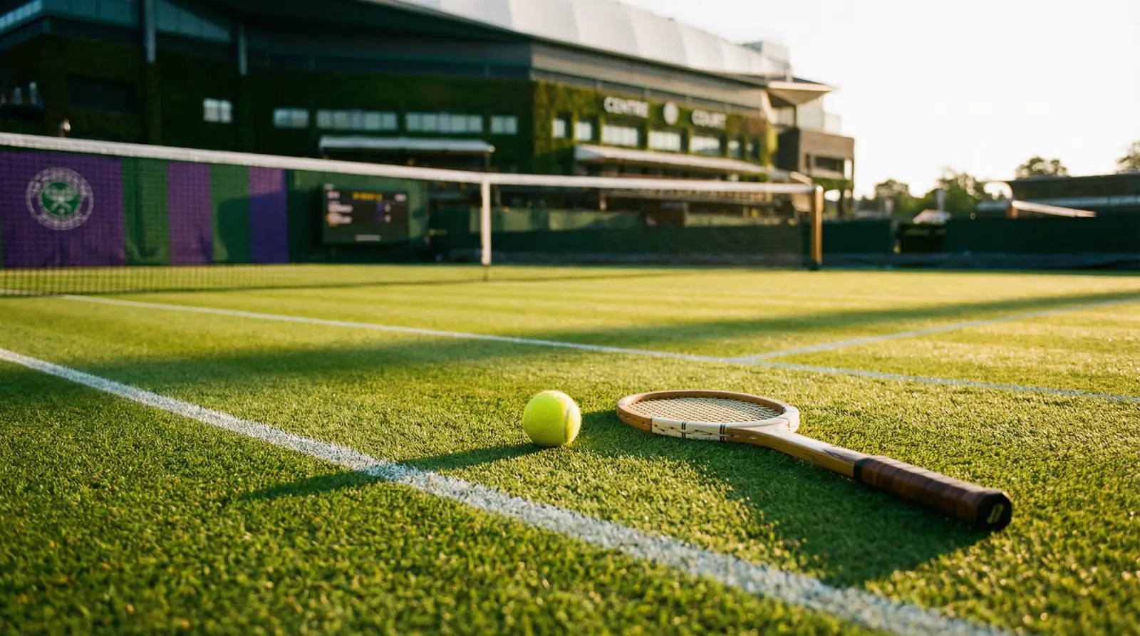 Wimbledon Rasenplatz mit Tennisball und Schläger im goldenen Nachmittagslicht - Symbolbild für Damen-Wetten bei Wimbledon 2026