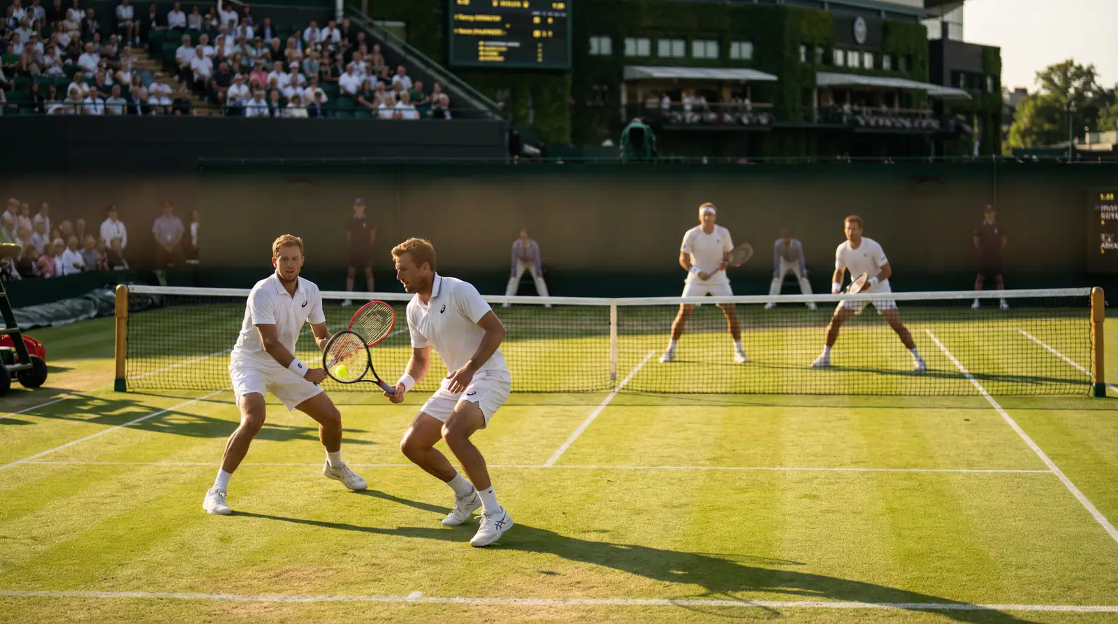 Doppel-Tennismatch auf dem Rasenplatz von Wimbledon mit zwei Spielerpaaren am Netz