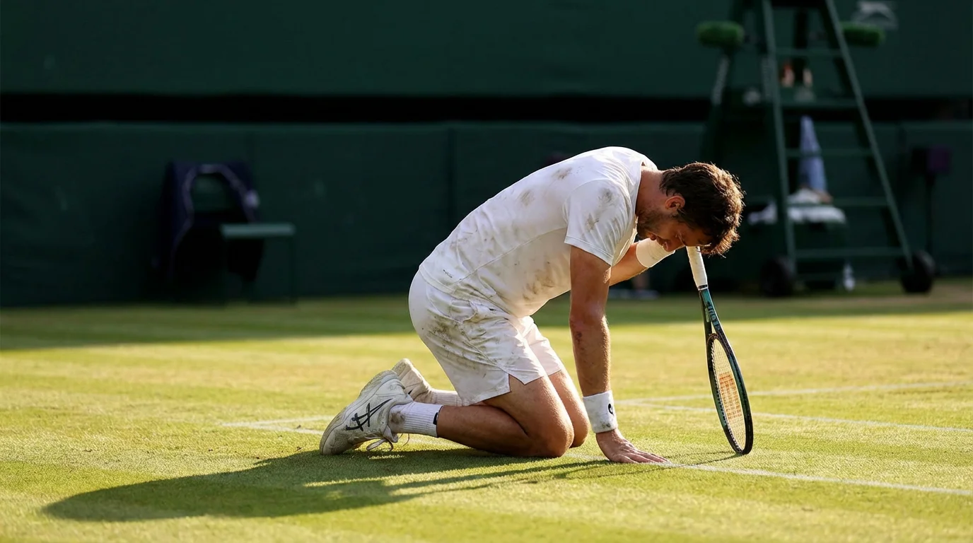 Erschöpfter Tennisspieler auf dem Rasenplatz von Wimbledon kniet nach einem langen Match bei Abendlicht