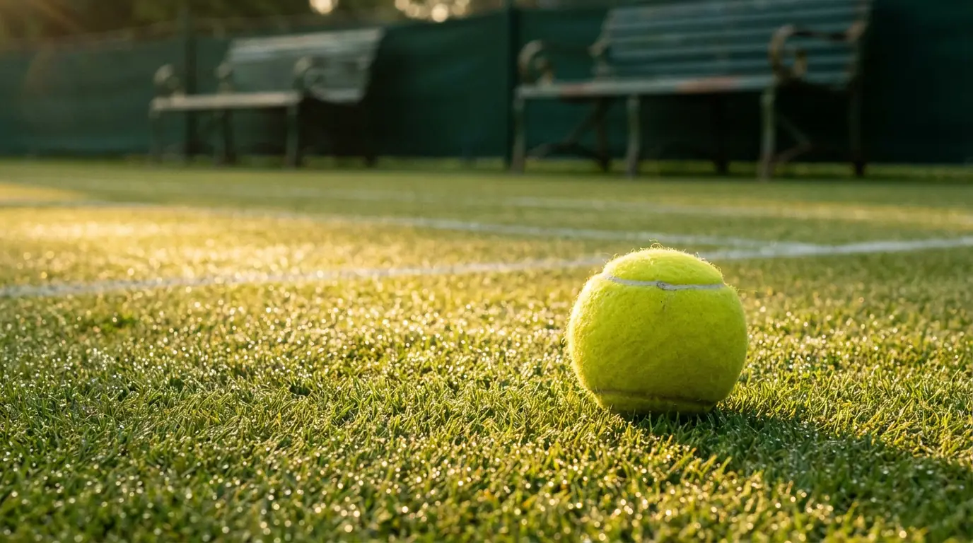 Wimbledon Rasenplatz mit Tennisball auf feuchtem Gras im Morgenlicht - Symbolbild für Überraschungen in der ersten Runde