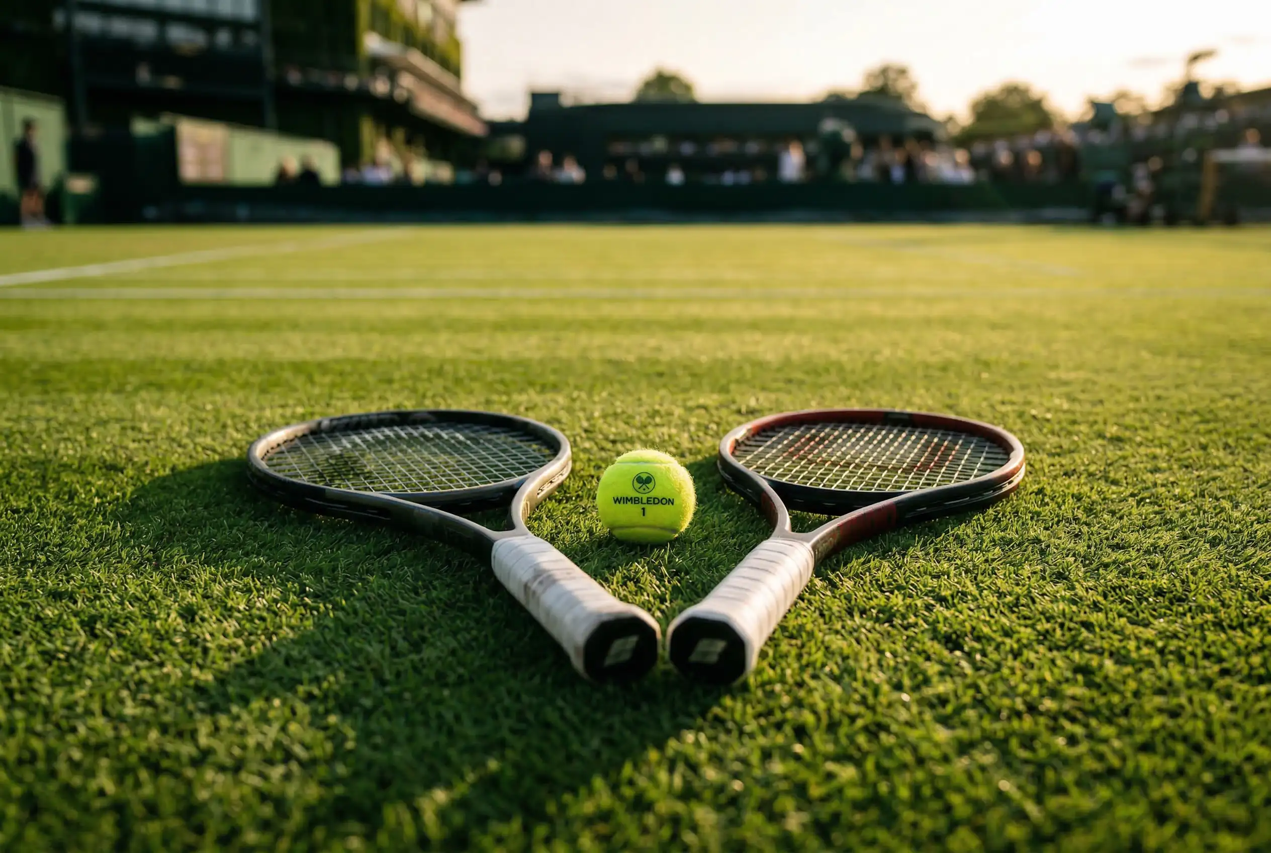 Nahaufnahme eines Tennisplatzes auf Rasen in Wimbledon mit zwei Tennisschlägern, die sich gegenüberliegen, als Symbol für den Direktvergleich