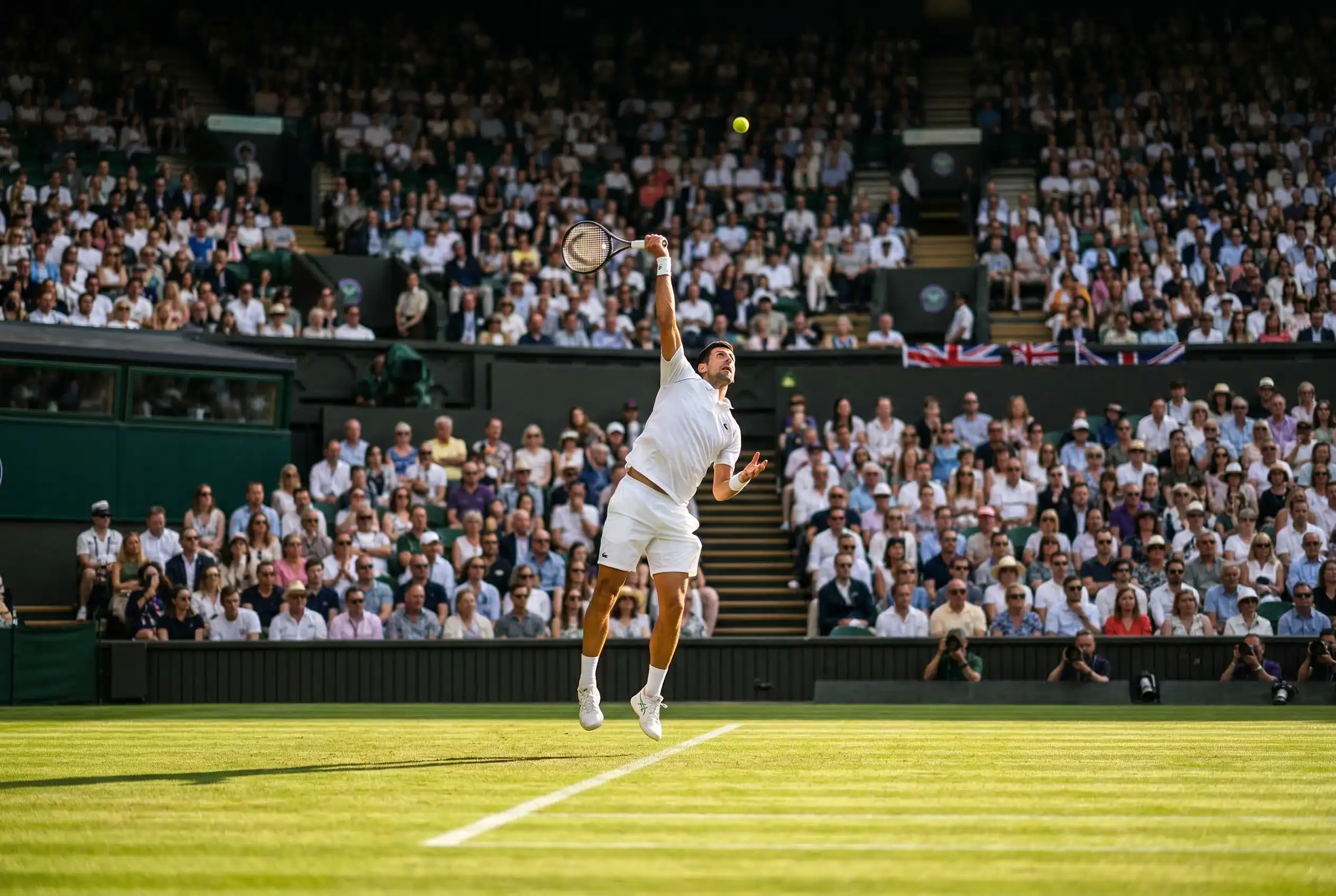 Wimbledon Centre Court mit begeistertem britischem Publikum und Rasenplatz bei Sonnenschein