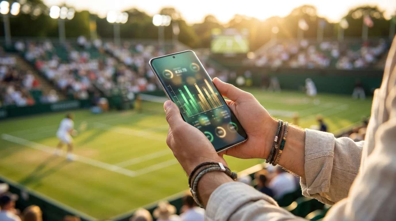 Nahaufnahme eines Smartphones mit Sportwetten-App vor einem Tennisplatz im Hintergrund
