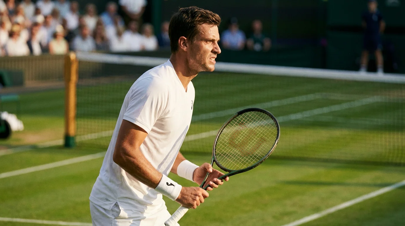 Tennisspieler auf dem Wimbledon Centre Court in einem angespannten Moment, konzentriert vor einem entscheidenden Aufschlag