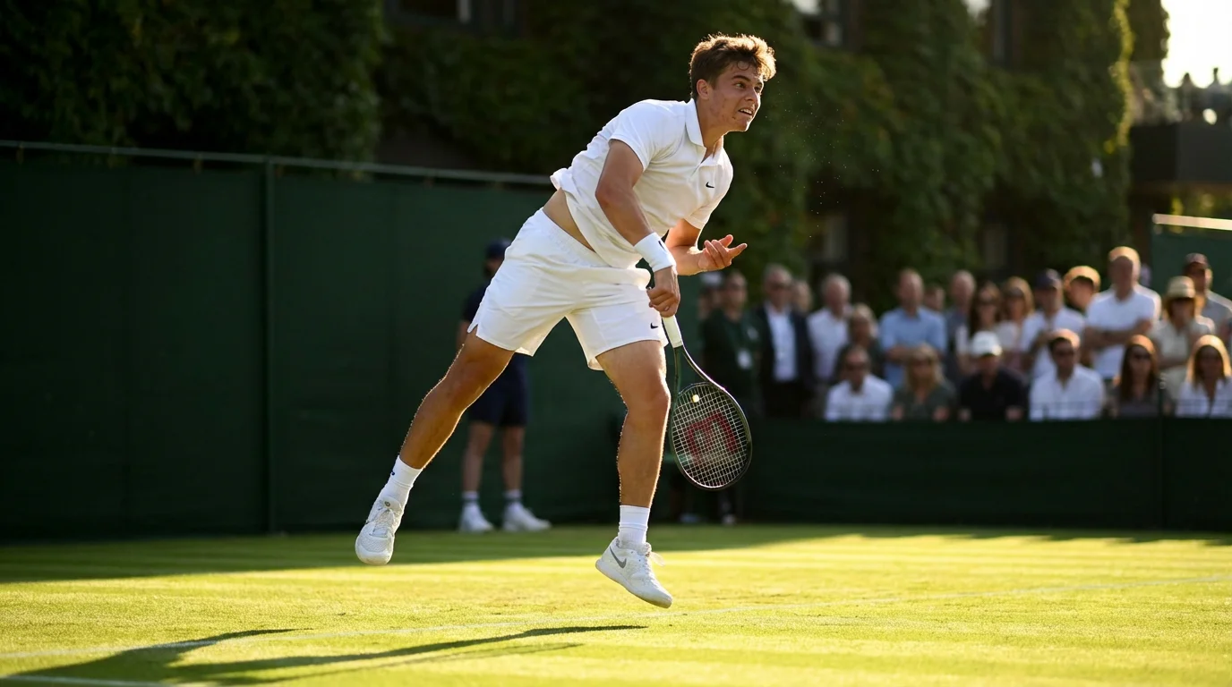 Junger Tennisspieler auf dem Rasenplatz von Wimbledon beim kraftvollen Aufschlag im Sonnenlicht