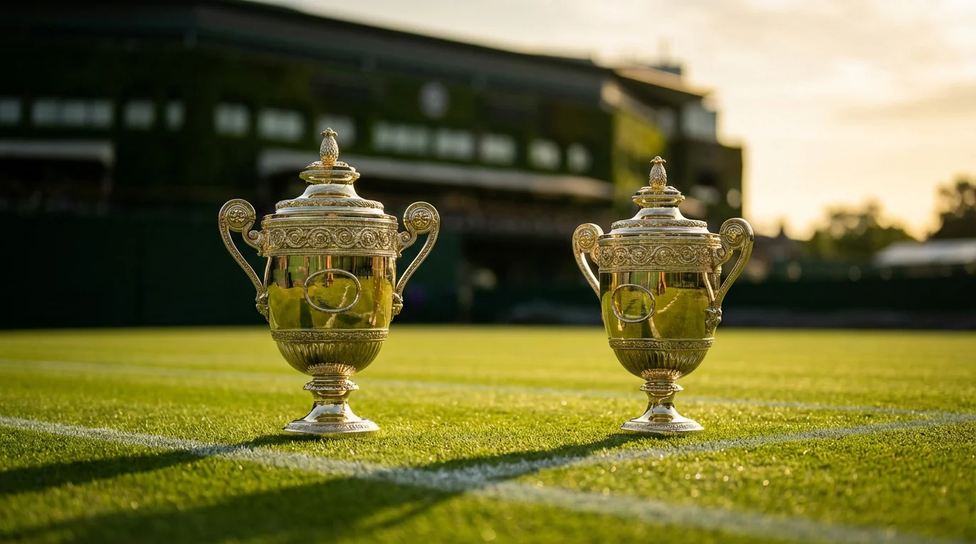 Wimbledon-Trophäe auf gepflegtem Rasenplatz mit dramatischem Licht als Symbol für das Preisgeld 2026