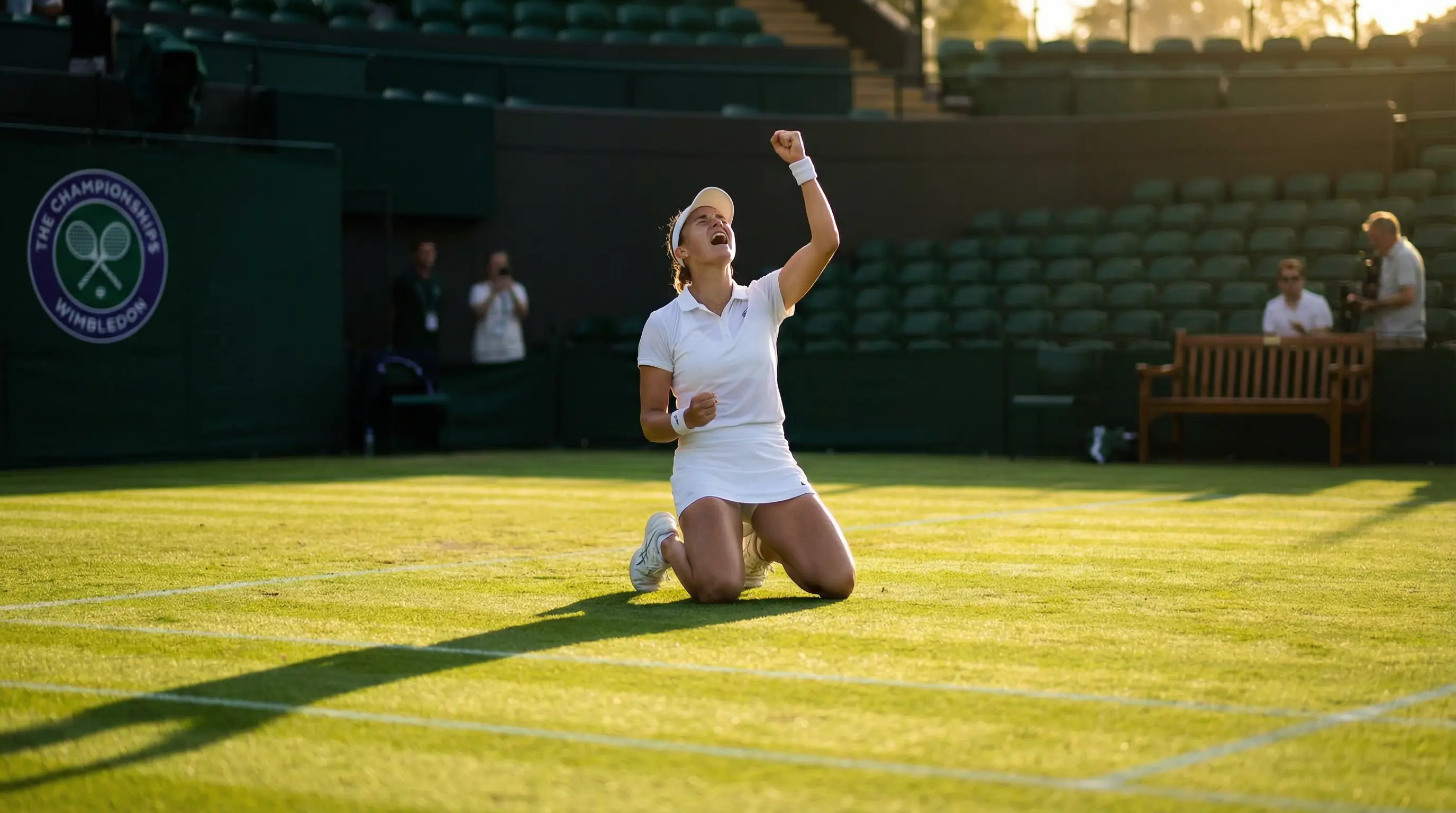 Tennisspieler auf einem Rasenplatz bei Wimbledon feiert überraschend einen Sieg mit geballter Faust