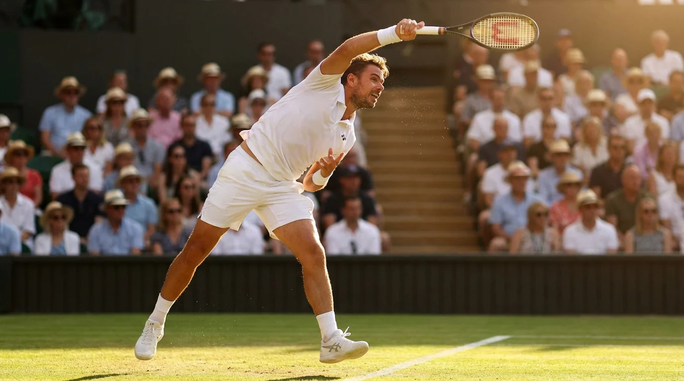 Tennisspieler beim kraftvollen Aufschlag auf einem Rasenplatz bei Wimbledon