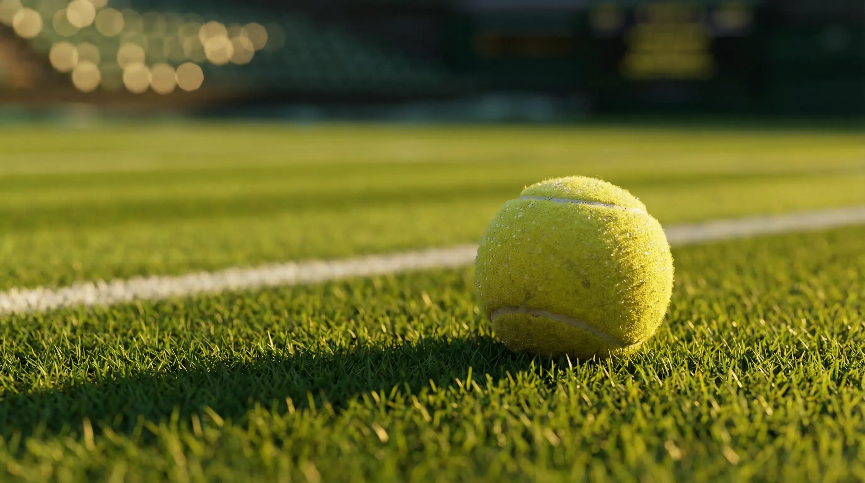 Nahaufnahme eines Tennisballs auf dem Rasen von Wimbledon mit dramatischer Beleuchtung und unscharfem Spielfeld im Hintergrund