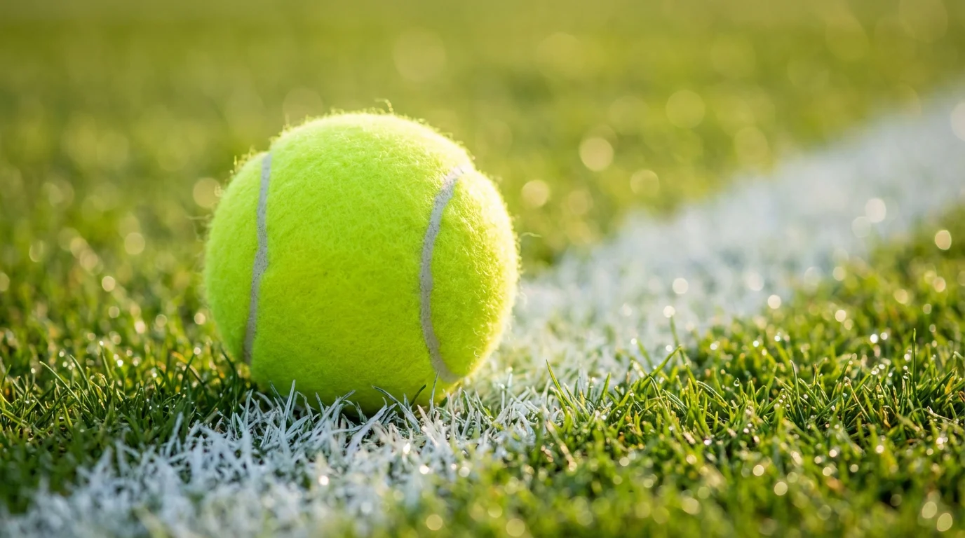 Nahaufnahme eines Tennisballs auf dem frisch gemähten Wimbledon-Rasen mit weißer Linie