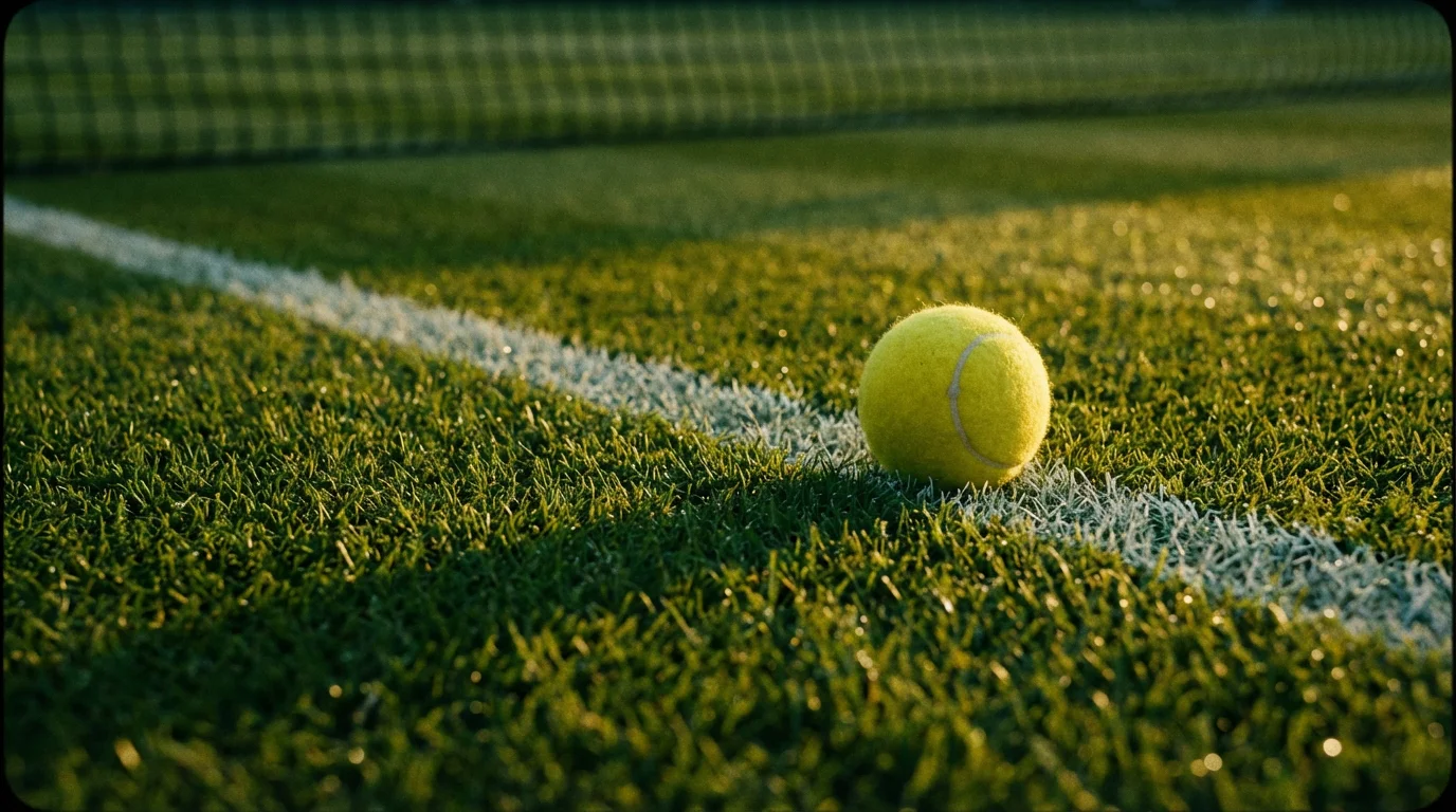 Nahaufnahme eines Wimbledon-Rasenplatzes mit Tennisball auf der grünen Grasoberfläche und weißen Linien