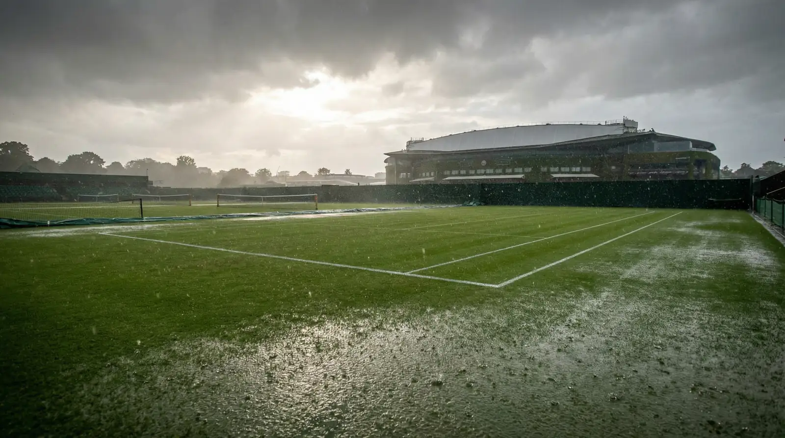 Wimbledon Rasenplatz bei Regenwetter mit geschlossenem Dach über dem Centre Court im Hintergrund