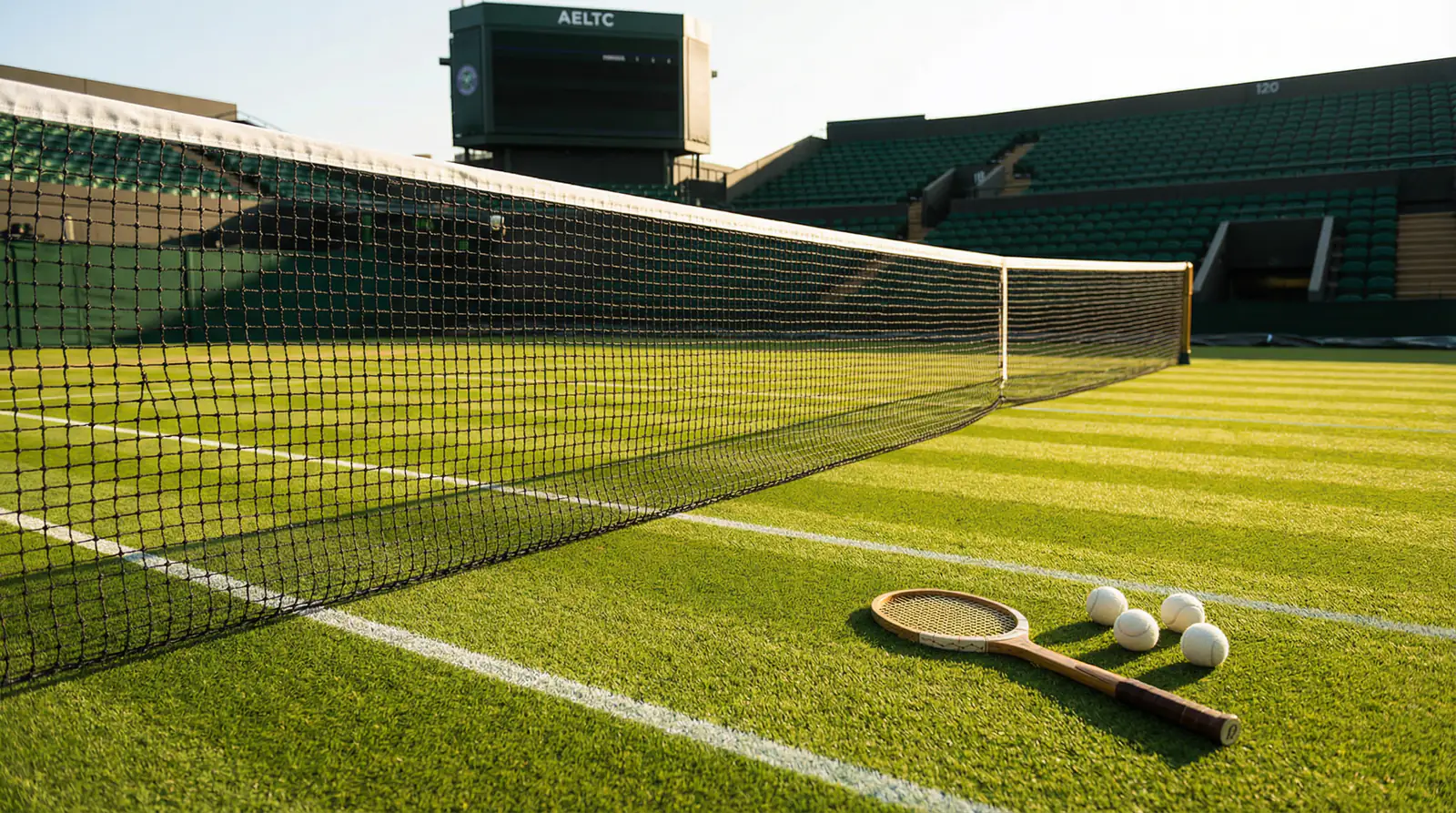 Historischer Wimbledon Centre Court mit Rasenplatz und ikonischem Netz im goldenen Nachmittagslicht