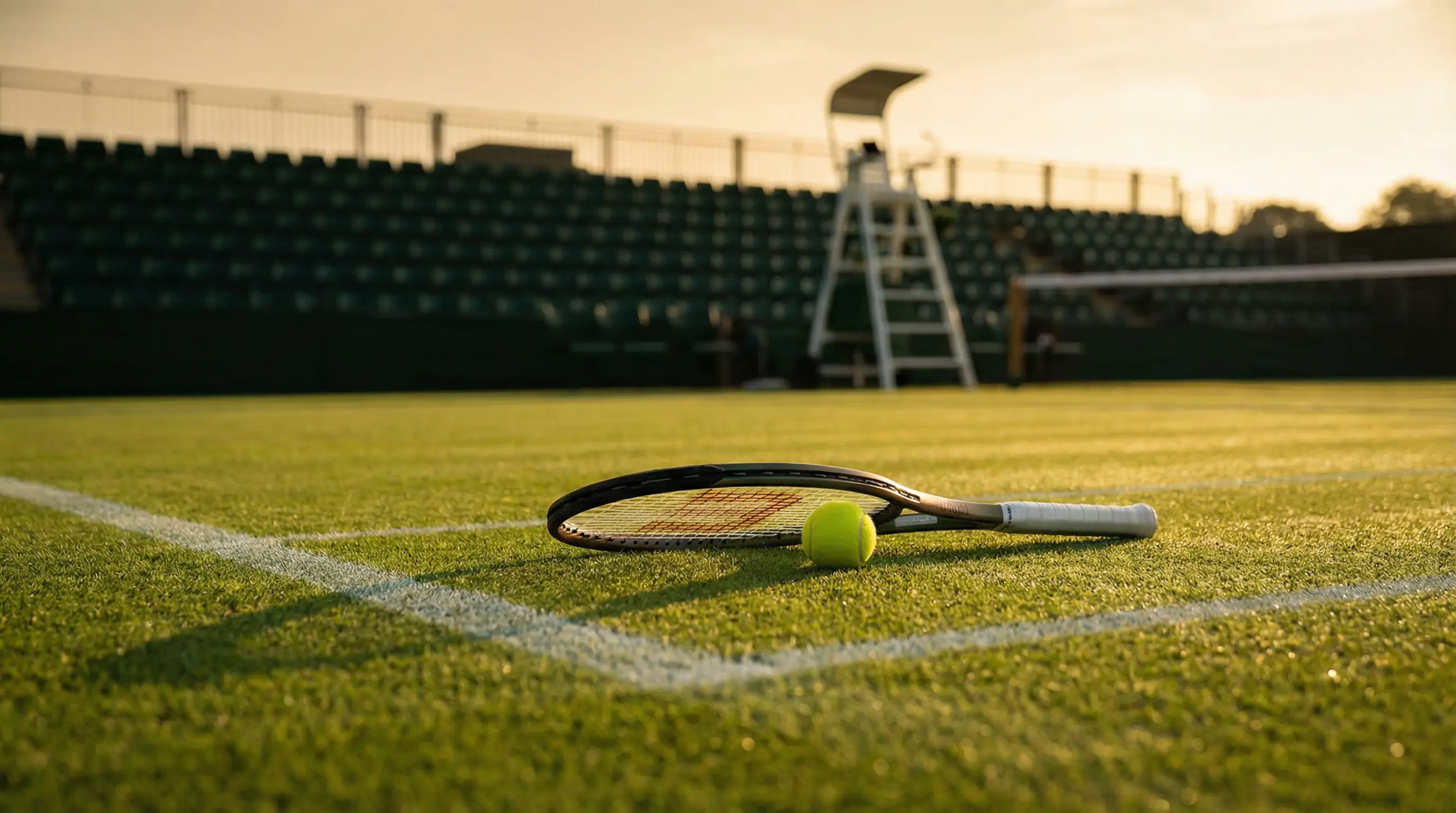 Wimbledon-Rasenplatz mit Tennisschläger und Ball im warmen Nachmittagslicht als Symbol für die Grand-Slam-Saisonplanung