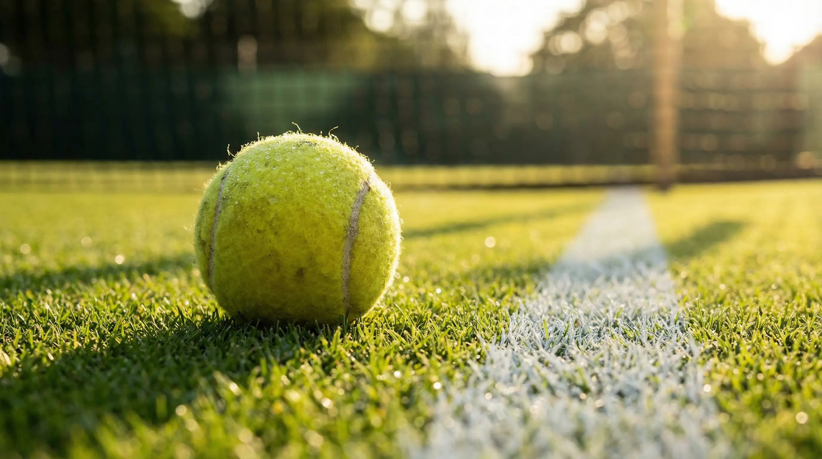 Nahaufnahme eines Tennisballs auf dem Rasen von Wimbledon mit Aufschlaglinien im Hintergrund