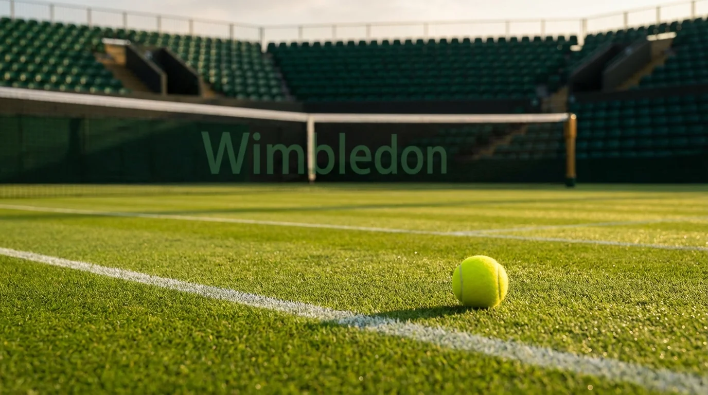Wimbledon Centre Court Rasenplatz mit Tennisball und Netz im goldenen Nachmittagslicht