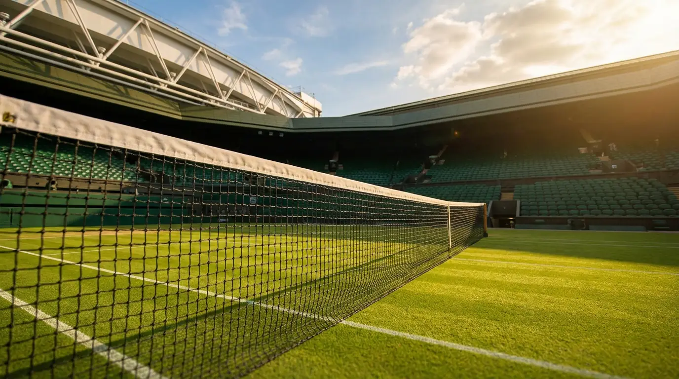 Wimbledon Centre Court mit gepflegtem Rasenplatz und leeren Zuschauerrängen im Sonnenlicht