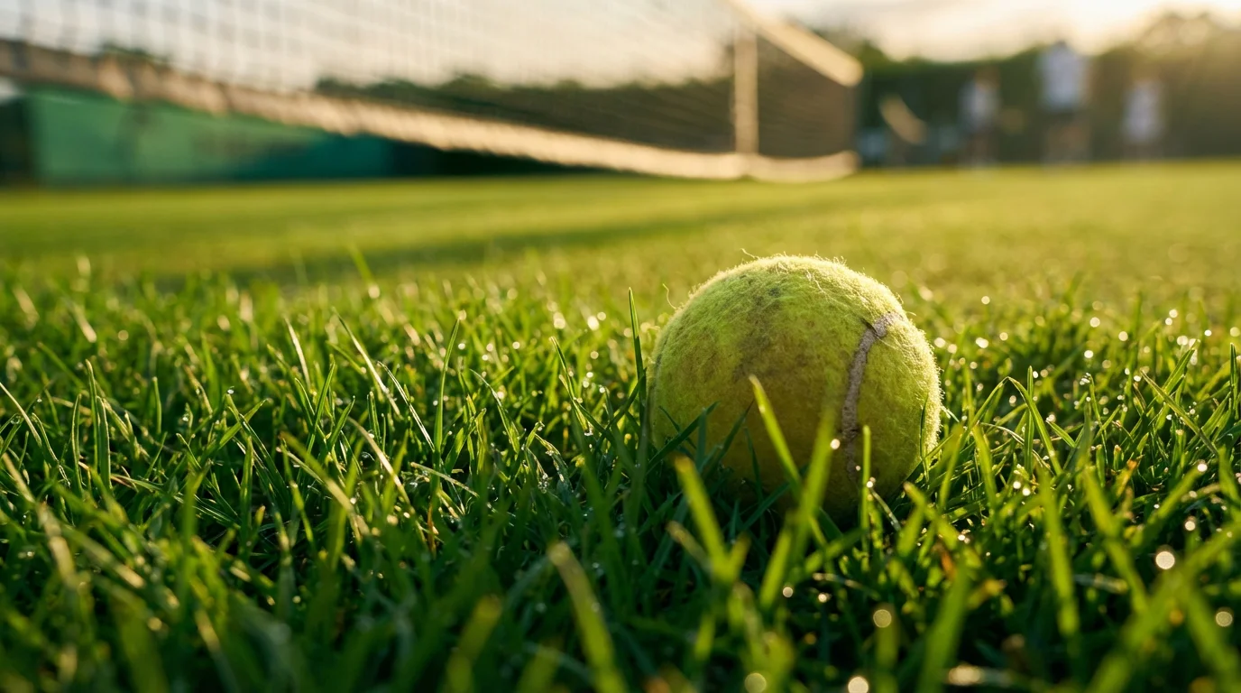 Nahaufnahme eines Tennisballs auf dem Rasen von Wimbledon mit dem Netz im Hintergrund bei Sonnenlicht