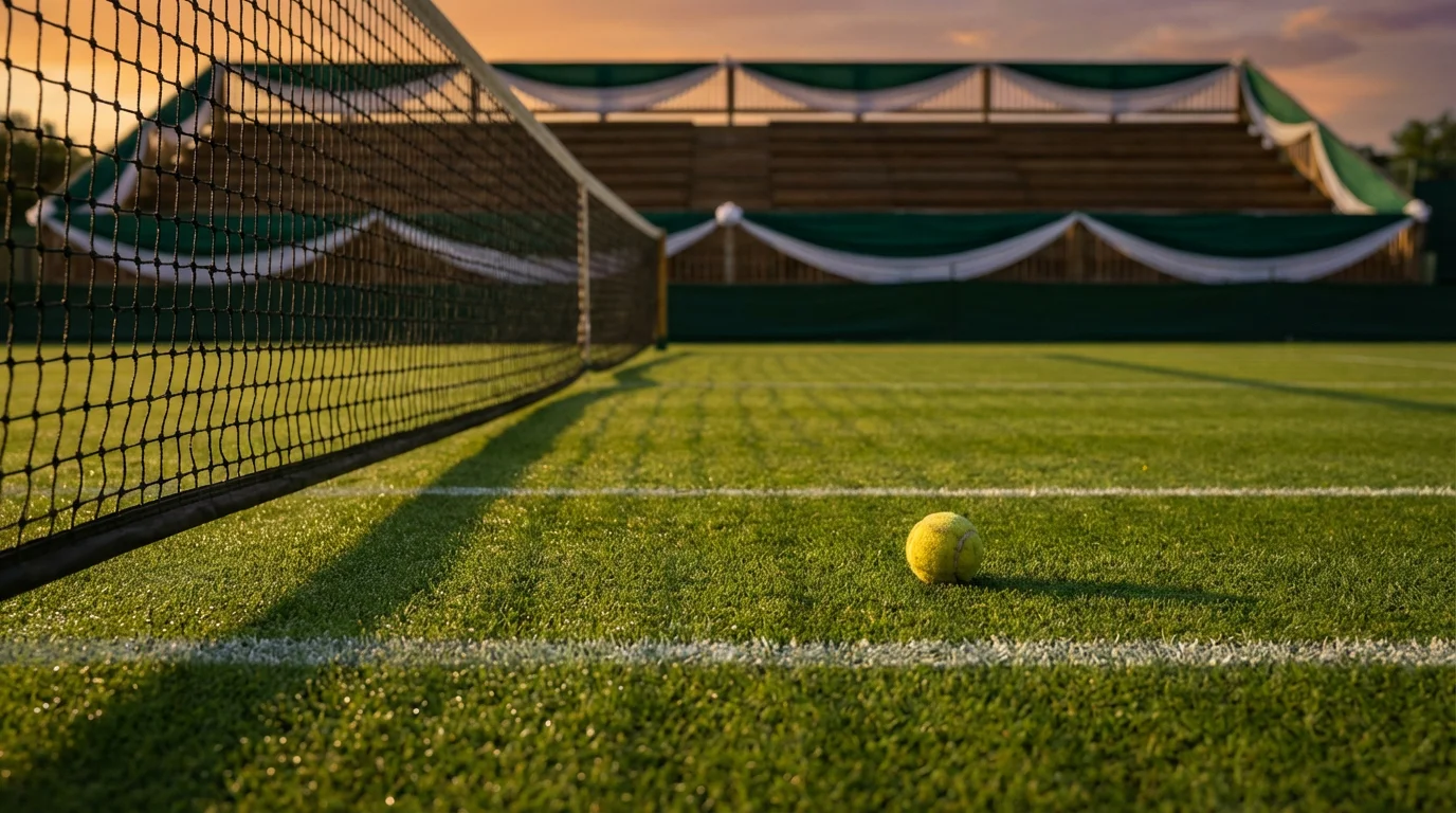 Gepflegter Rasenplatz eines Tennisturniers mit Netz und frisch gemähten Linien im warmen Nachmittagslicht als Vorbereitung auf Wimbledon
