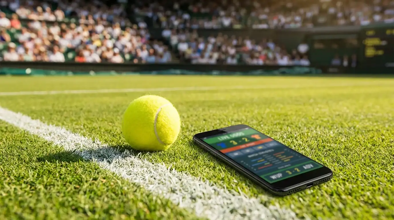 Verschiedene Wimbledon Wettarten dargestellt mit Tennisball auf Rasen und Smartphone