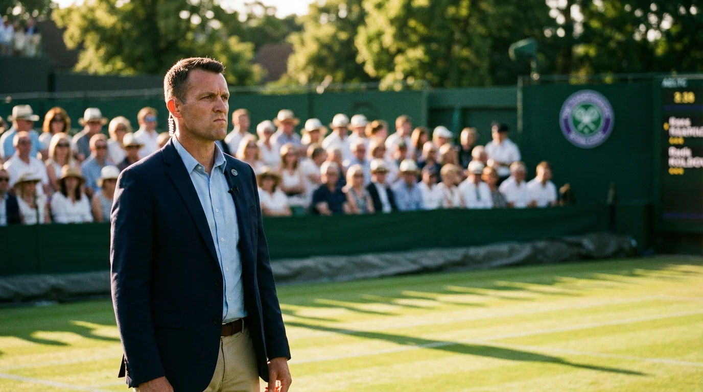 Sicherheitsexperte beobachtet aufmerksam die Zuschauermenge auf einem Wimbledon-Rasenplatz