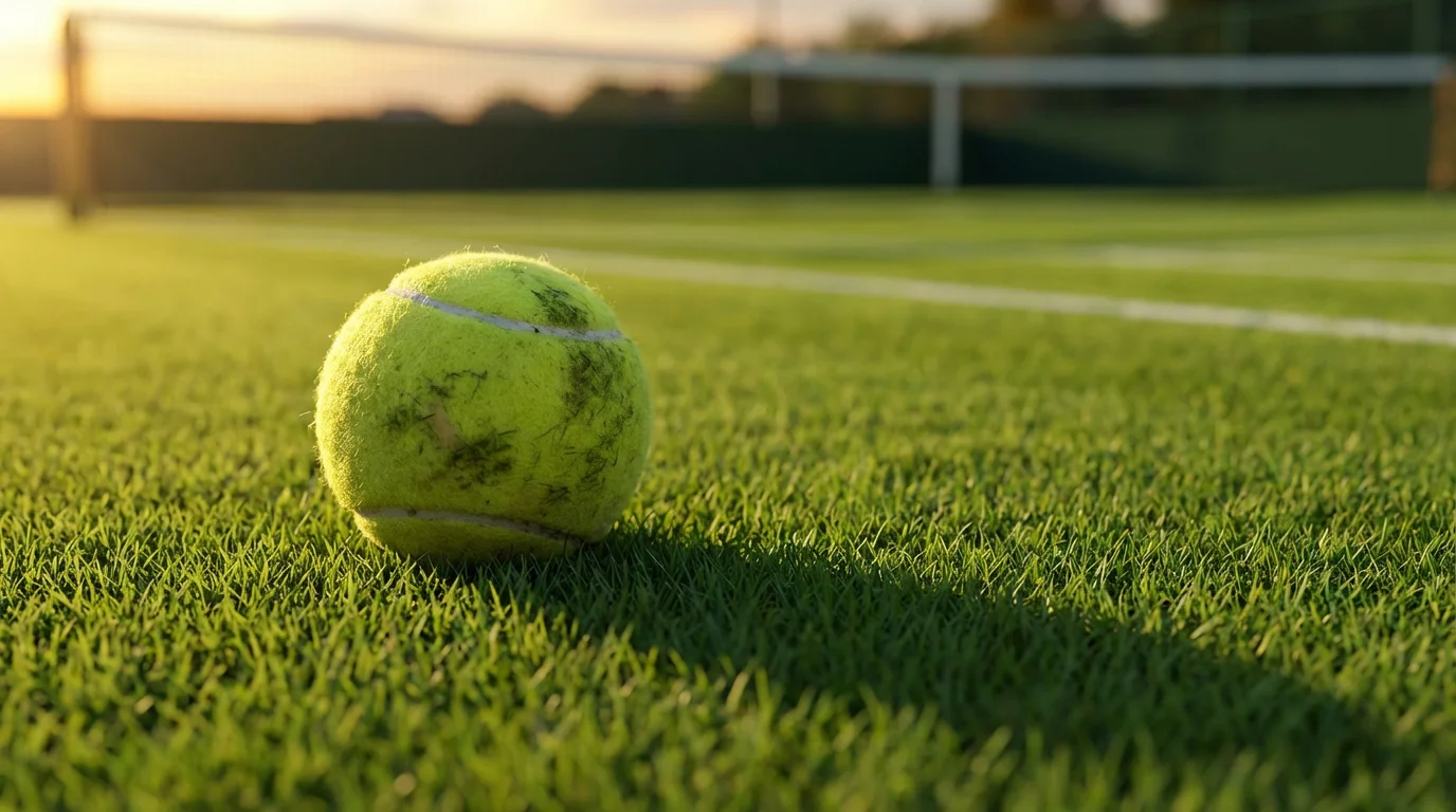 Tennisball auf dem Rasen von Wimbledon mit dramatischem Licht als Symbol für Wettabsicherung und Risikomanagement