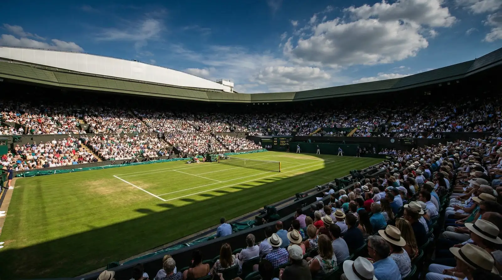 Wimbledon Centre Court mit grünem Rasen und vollen Zuschauertribünen bei Sonnenschein