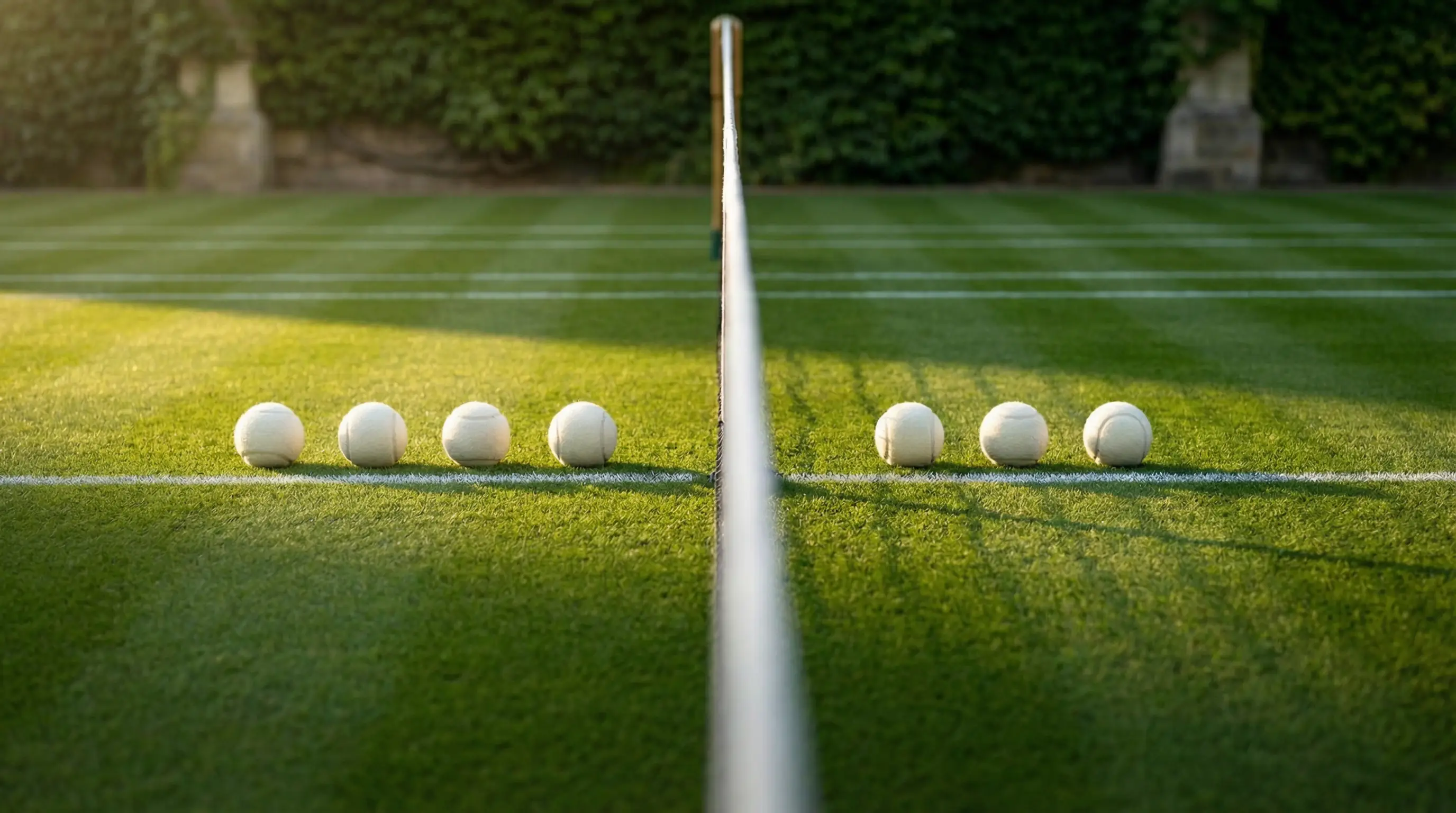 Wimbledon-Tennisplatz mit Rasen geteilt in zwei Hälften, symbolisch für Herren- und Damen-Turnier